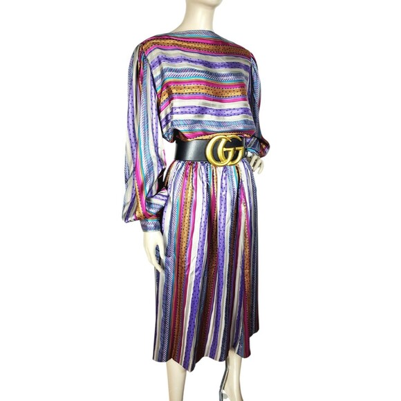 VTG 70s Evan Picone Silky Satin Mixed Media Puff Balloon Sleeve Blouse Skirt Set - Picture 2 of 16